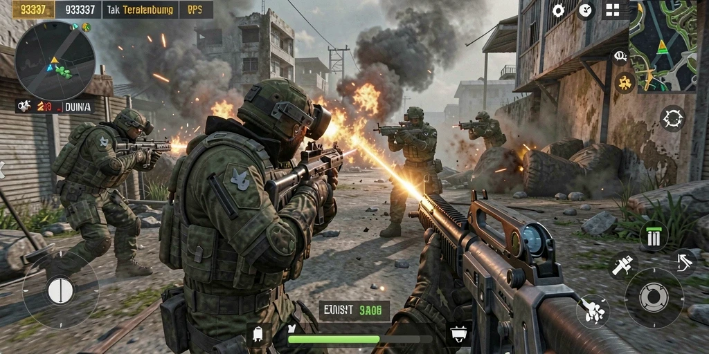 Screenshot menunjukkan aksi menegangkan dalam gameplay FPS.