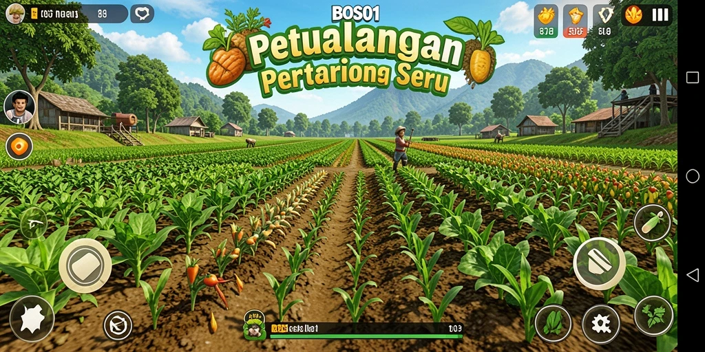 Tampilan gameplay BOS01 menunjukkan aktivitas pertanian yang dinamis dan menyenangkan.