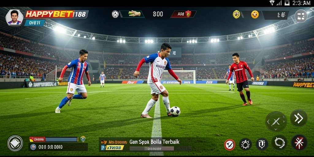 Tampilan gameplay yang mendebarkan dari HAPPYBET188 dengan aksi sepak bola penuh strategi.