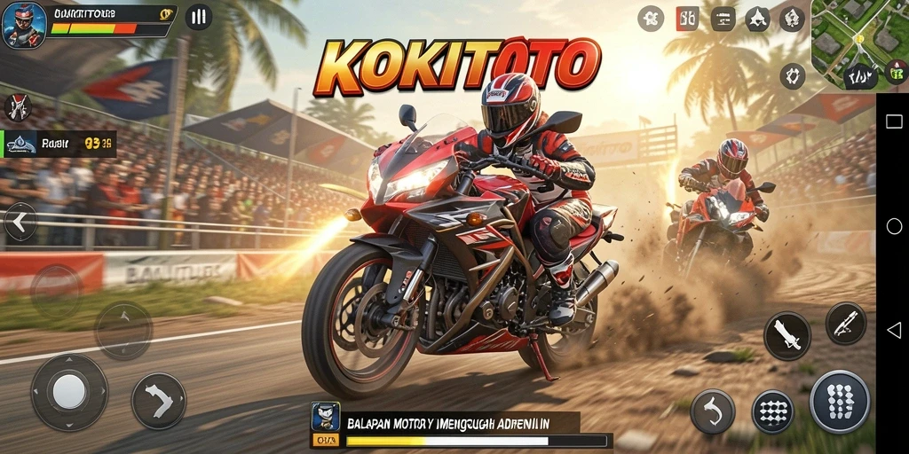 Screenshot gameplay KOKITOTO dengan motor melaju di jalur balapan.