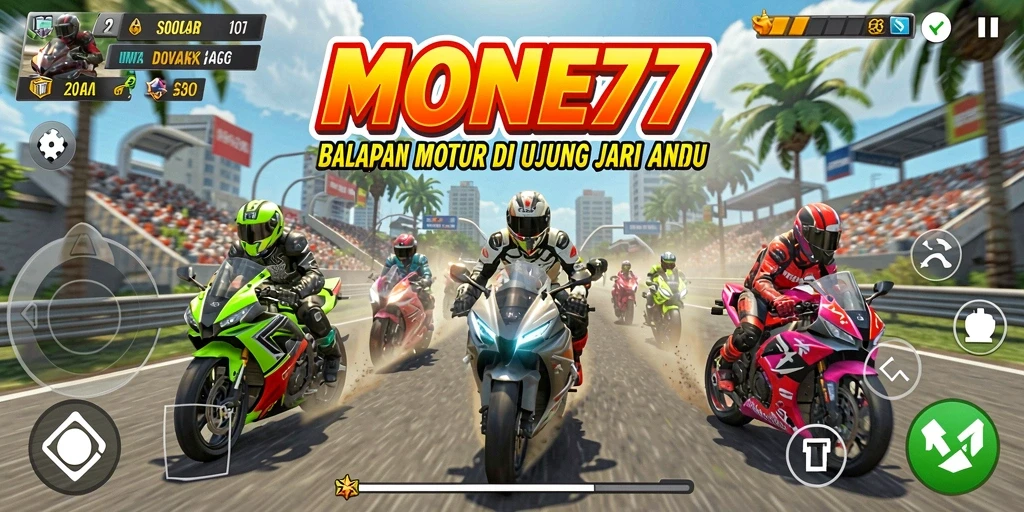 Tampilan gameplay seru dalam MONTE77 yang menampilkan aksi balapan motor.