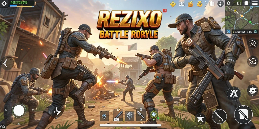 Gameplay REZIXO menampilkan pertempuran intens di arena Battle Royale.