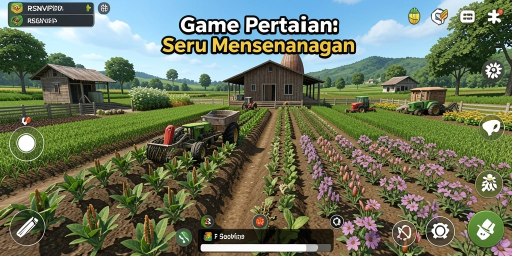 Tampilan gameplay RSNVIP dengan ladang yang subur dan hewan ternak yang ceria.