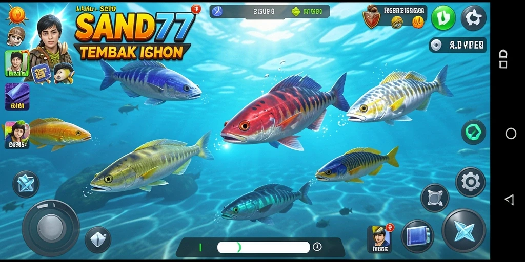 Screenshot gameplay SAND77 menampilkan aksi menembak ikan yang seru.