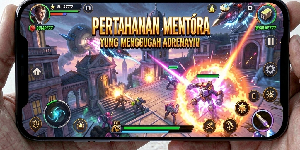 Tampilan gameplay SULAP777 dengan menara dan sihir yang memukau.