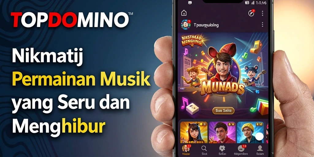 Tampilan screenshot menunjukkan gameplay seru di TOPDOMINO dengan berbagai lagu.