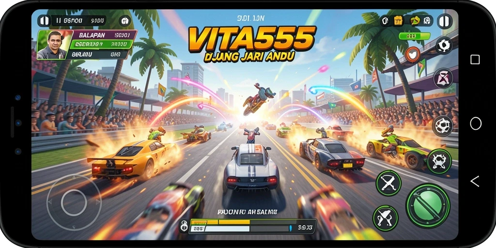 Gameplay VITA555 menunjukkan aksi balapan yang mendebarkan penuh adrenalin.