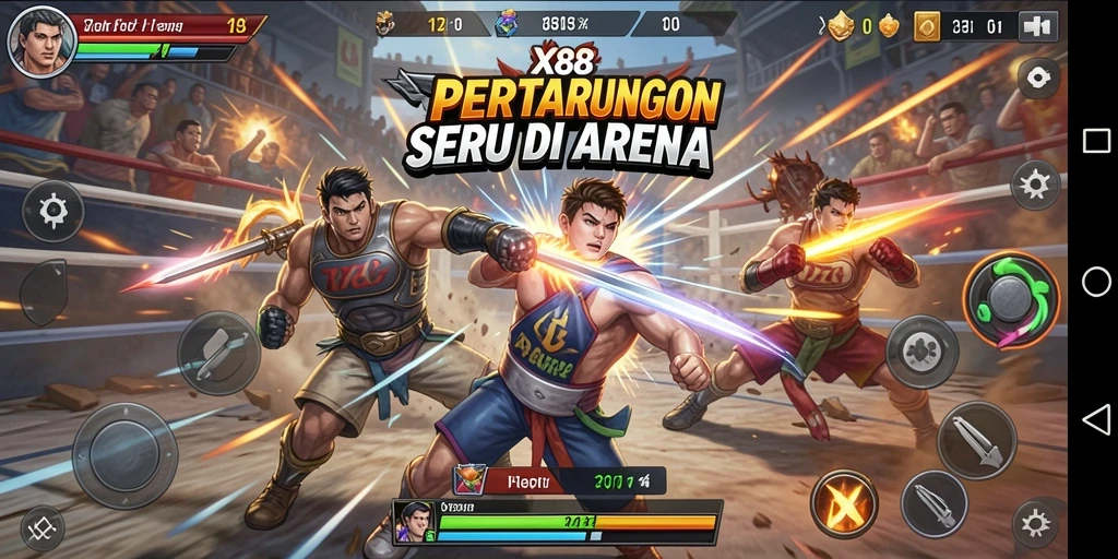 Tampilan gameplay seru X88 saat pertarungan di arena Fighting.